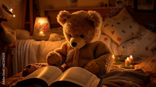 AI generated illustration of a plush bear sitting next to an open book in front of some candles