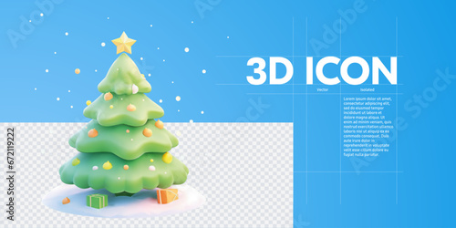 3D Rendered Isolated Christmas Tree Icon with Snow and Ornaments on a Blue Background