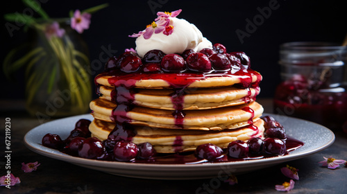 Pancakes with damson compote photo