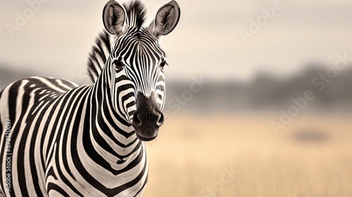 AI generated illustration of a standing zebra on a field of tall grass photo