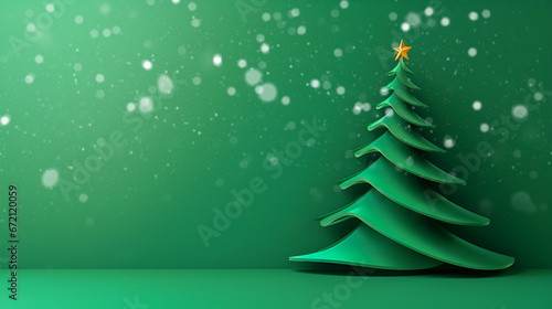 Christmas banner with copy space. Minimalistic green background with a green Christmas tree with a star and falling snow.