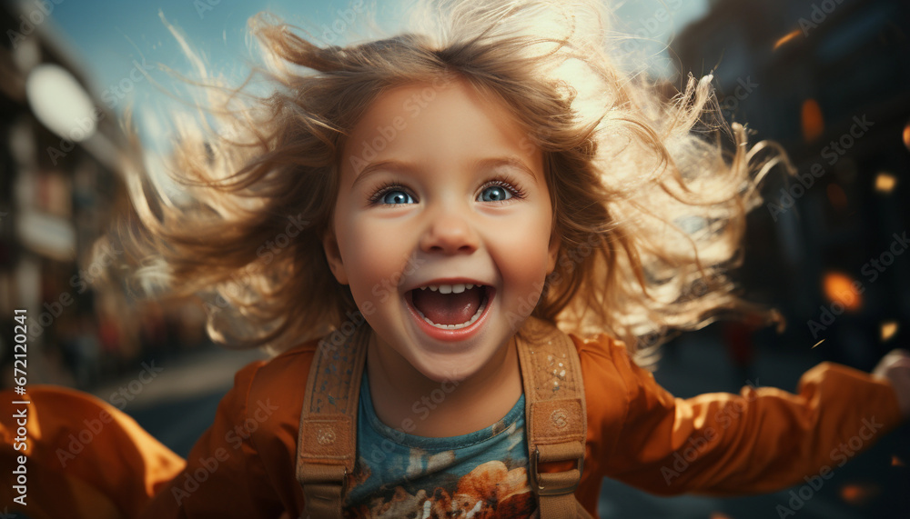 Portrait of a cute little girl with flying hair on the street Portrait of a cute little girl with flying hair on the street