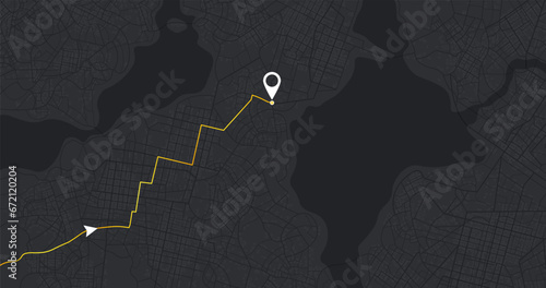 Location tracks dashboard. City street road. City streets and blocks, route distance data, path turns and destination tag or mark. Huge city top view. vector, illustration. Abstract background.