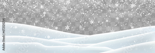 Vector heavy snowfall with snowbanks field. Snow landscape decoration, frozen hills isolated on png background. Snow flakes, snow and blizzard falling on snowdrifts. Christmas vector illustration
