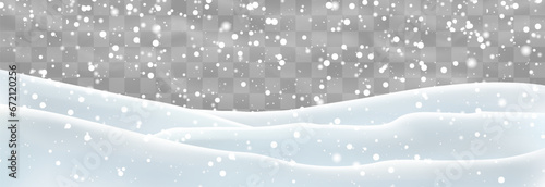 Vector heavy snowfall with snowbanks field. Snow landscape decoration, frozen hills isolated on png background. Snow flakes, snow and blizzard falling on snowdrifts. Christmas vector illustration