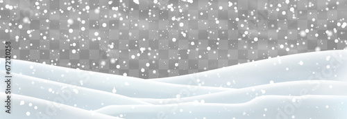 Vector heavy snowfall with snowbanks field. Snow landscape decoration, frozen hills isolated on png background. Snow flakes, snow and blizzard falling on snowdrifts. Christmas vector illustration