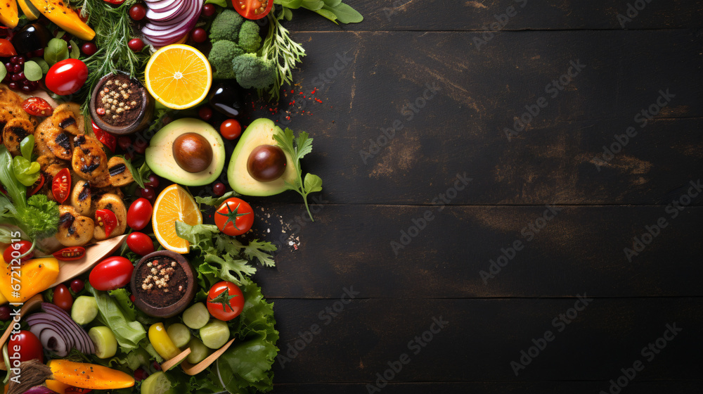 Summer food double border over a dark wood banner background