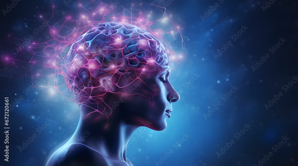 A human head with glowing neurons in the brain. AI generated digital ...