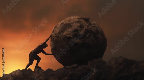 An AI generated illustration of A man pushing a large rock on top of a hill photo