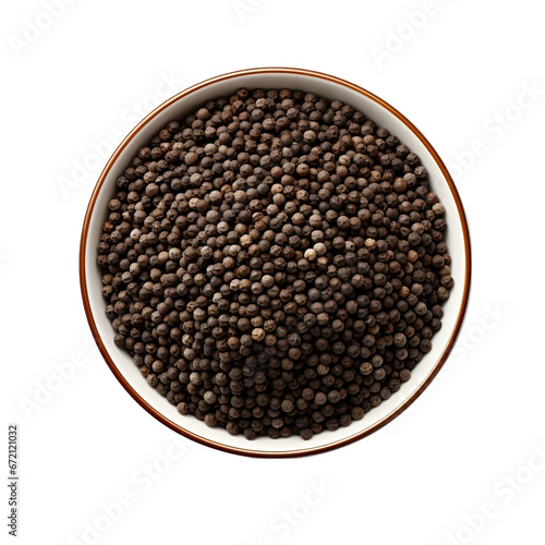 Top View of Black Peppercorns in a Bowl Isolated on Transparent or White Background, PNG