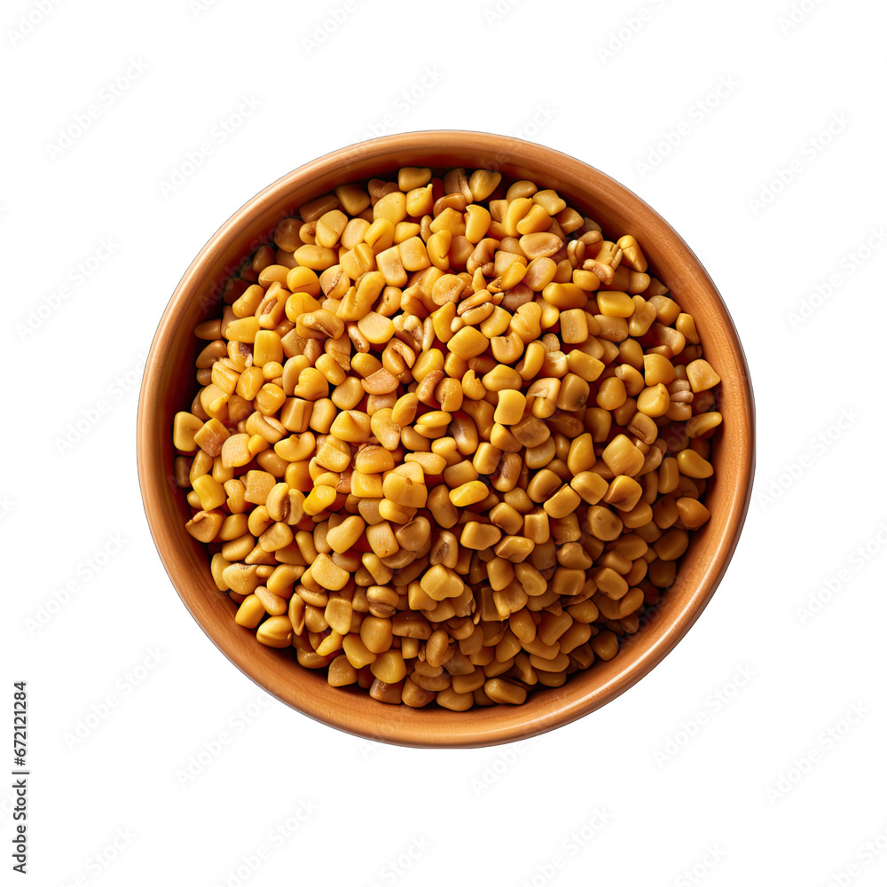 Top View of Fenugreek Seeds in a Bowl Isolated on Transparent or White Background, PNG