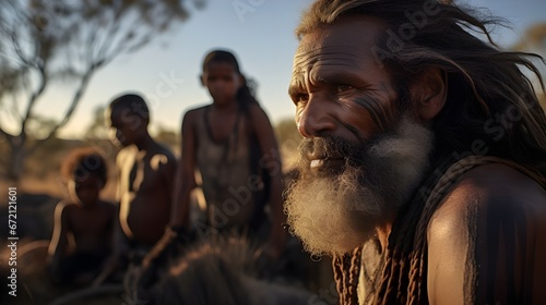An Australian Aboriginal elder, with deep-set eyes and white beard, gazes intently while younger individuals blur softly in the sunlit, arid background