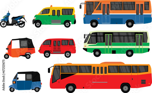 flat vector of  several types of public transportation collection in indonesia
