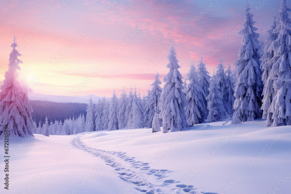 Snowy path leading through a forest with a pastel-colored sky. The serene landscape provides ample space for text. Generative AI
