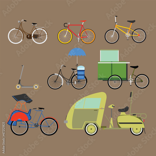 flat vector of some types of popular bicycle in Southeast Asia photo