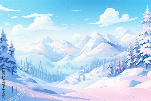Snowy path leading through a forest with a pastel-colored sky. The serene landscape provides ample space for text. Generative AI