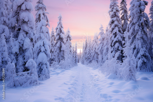 Snowy path leading through a forest with a pastel-colored sky. The serene landscape provides ample space for text. Generative AI © ABC Vector