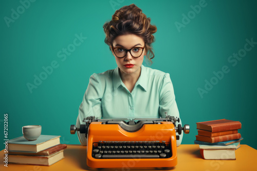 Thoughtful female writer with a typewriter ready to compose photo