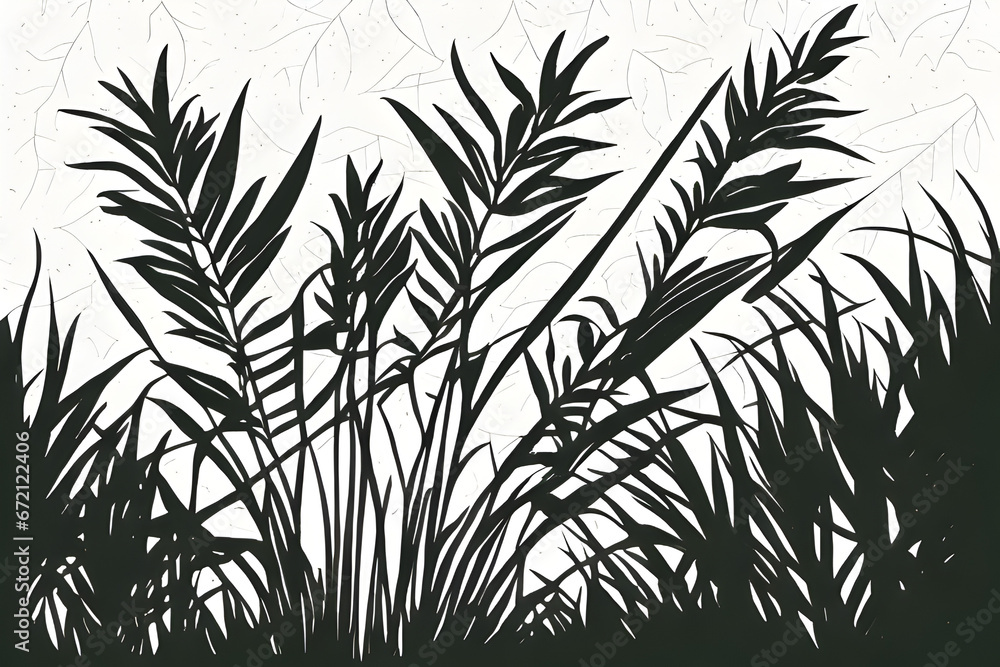 Naklejka premium Silhouette of grass and green wildlife foliage leaves background nature theme comic art style