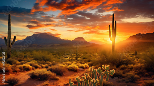 Sunset view of the Arizona desert with Saguaro