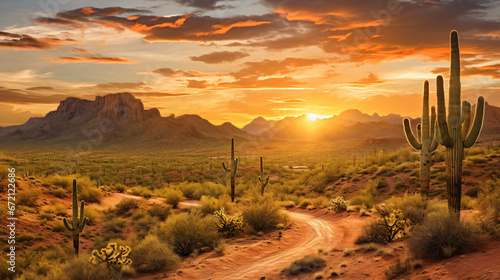 Sunset view of the Arizona desert with Saguaro