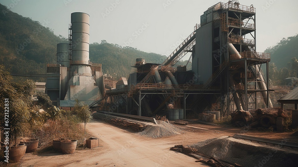 AI generated illustration of large cement factories lined up with tall towers and trees AI generated illustration of large cement factories lined up with tall towers and trees