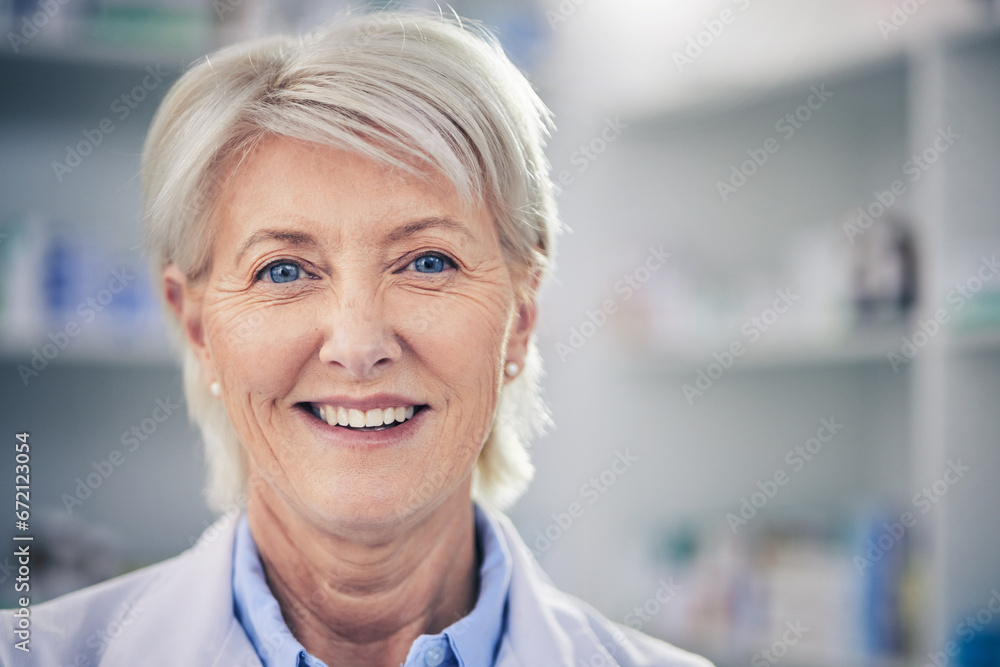 Face, senior pharmacist and happy woman in pharmacy, drugstore or shop for wellness medicine. Smile, medical professional and portrait of doctor, elderly healthcare expert and person from Canada.