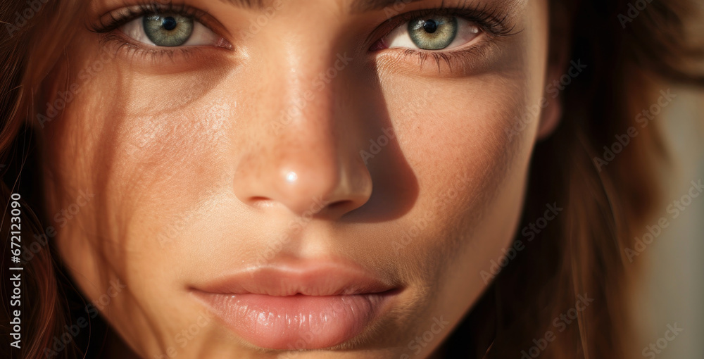close-up on woman face with perfect skin 