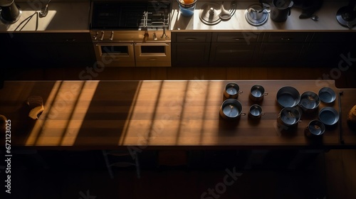 AI generated illustration of A spacious kitchen with a large wooden table counter with pans