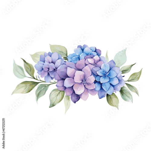 Beautiful bouquets with blue and purple hydrangea flowers watercolor paint on white background