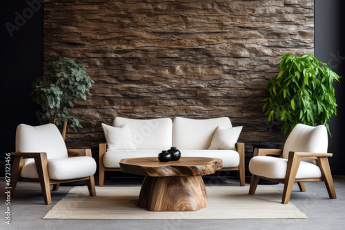 white armchairs next to a coffee table made of natural wood against a stone wall. Minimalist home interior design for modern living room