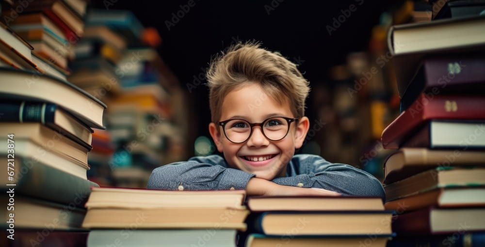 Happy little boy standing between huge stacks of books. Happy little boy standing between huge stacks of books.