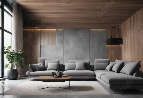 Grey fabric corner sofa in room with concrete and wood paneling walls Minimalist loft home interior