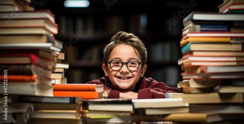 Happy little boy standing between huge stacks of books.