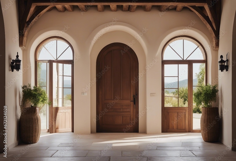 Mediterranean style hallway with arched door Interior design of modern rustic entrance hall