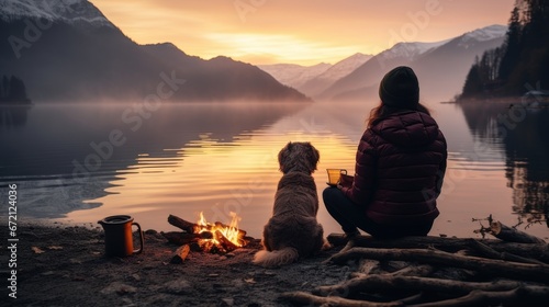 with a dog by the lake