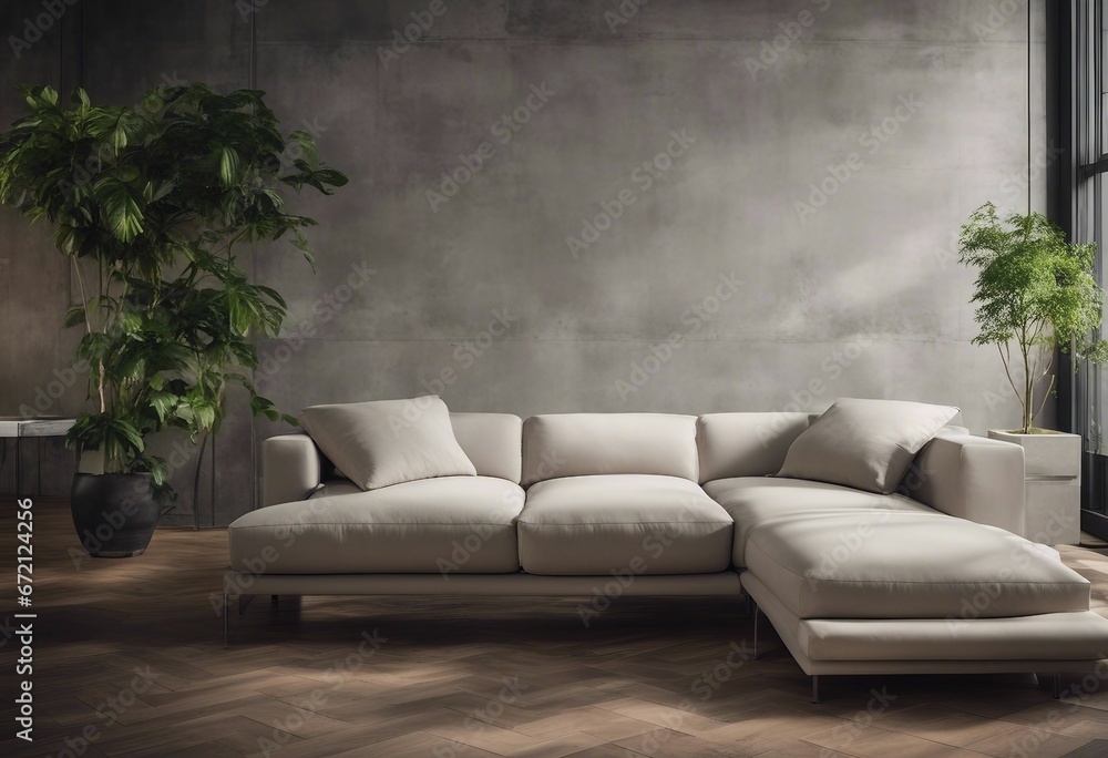 Sofa in room with grunge stucco wall and much grernery Biophilic interior design of modern living room Sofa in room with grunge stucco wall and much grernery Biophilic interior design of modern living room