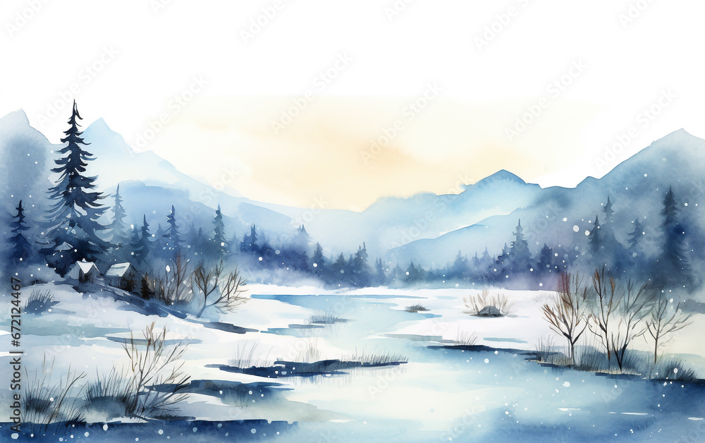 Winter forest watercolor illustration with lake