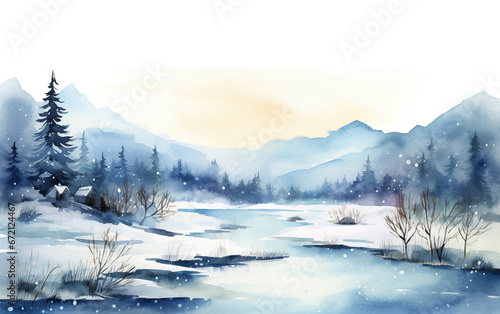 Winter forest watercolor illustration with lake