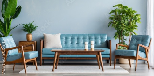 Interior design of a modern living room. blue sofa and blue leather armchairs near a wooden coffee table