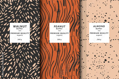 Vector illustration set of templates contemporary abstract cover and patterns for nuts butter packaging with labels. Minimal modern backgrounds