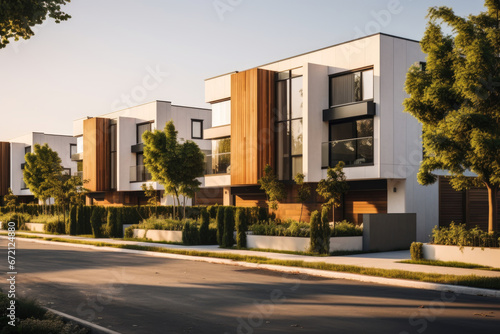 Modern modular private townhouses. Residential architecture exterior © Denis