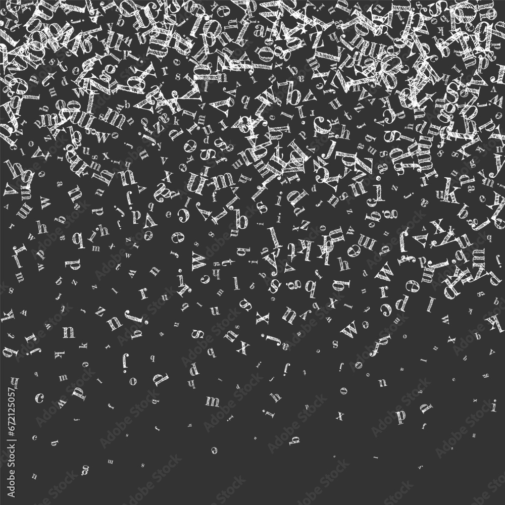 Flying latin letters. White chalk scattered Flying latin letters. White chalk scattered