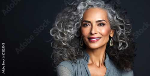 portrait black woman with smooth healthy face skin, curly gray hair 