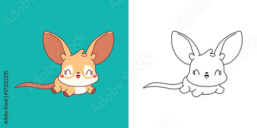 Kawaii Baby Kangaroo Clipart Multicolored and Black and White. Cute Kawaii Marsupial Animal. Isolated Vector Illustration of a Kawaii Animal for Prints for Clothes, Stickers, Baby Shower