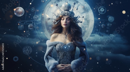Woman, girl astrologer against the backdrop of the starry sky of the universe with the astrological zodiac circle of the natal chart and planetary transits