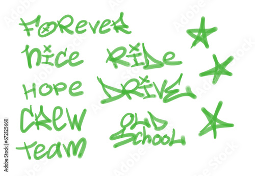 Collection of graffiti street art tags with words and symbols in green color on white background