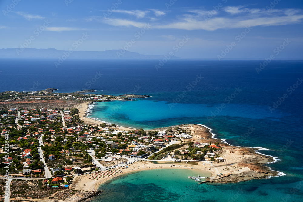 The sea and the beach from a bird's eye view in Stavros  on the island of Crete