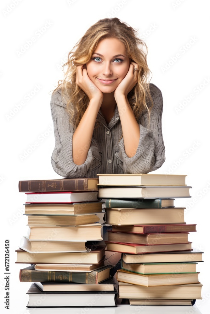 Young woman sitting on a stack of books, isolated on white background, ai generative Young woman sitting on a stack of books, isolated on white background, ai generative