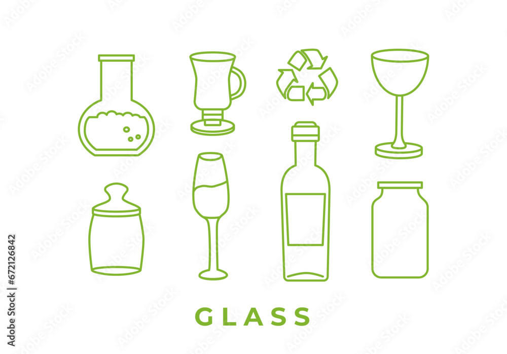 Recycling and sorting of glass waste. Bottle, cup, bulb, jar, glass. Linear icons. Garbage sorting and segregation. Ecology. Editable strokes. Line art, doodles. Recycling and sorting of glass waste. Bottle, cup, bulb, jar, glass. Linear icons. Garbage sorting and segregation. Ecology. Editable strokes. Line art, doodles.